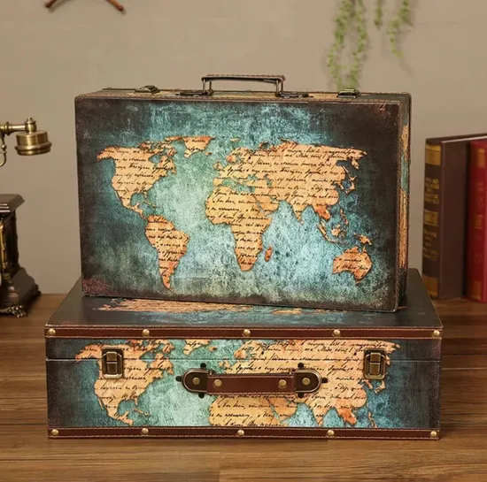 Antique Wooden Storage Box Adorable Suitcase Set/2, Retro Checked Pattern Leather